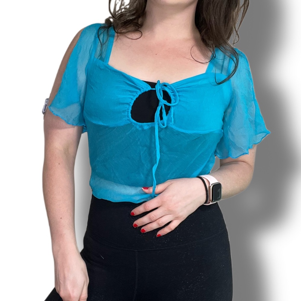 Y2K Sheer Blue Short Flutter Sleeve Gauzy Summer Top